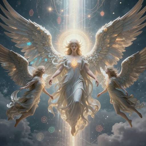 Digital art of a radiant, winged angel with glowing halo, surrounded by two smaller winged figures, floating in a starry, celestial sky.