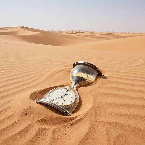Photograph of a silver hourglass with a clock face, lying on sunlit, rippled desert sand under a clear blue sky.