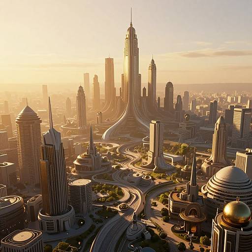 CGI image of a futuristic cityscape at sunset, featuring a towering, sleek central skyscraper surrounded by winding roads and diverse high-rise buildings. Golden