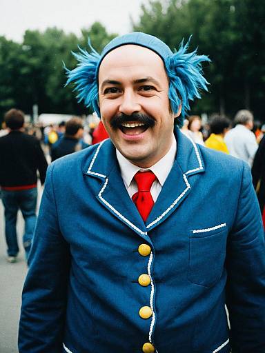 Man in Blue Costume with Blue Wig and Red Tie