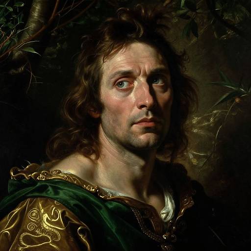 Digital painting of a solemn, wavy-haired, blue-eyed man with a rugged face, wearing ornate golden and green armor, set against a dark