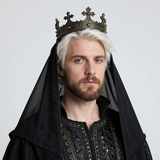 Photograph of a white-haired, bearded man with pale skin wearing a black, ornate crown, black veil, and intricately embroidered black robe