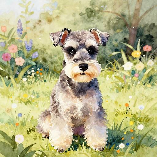 Watercolor Schnauzer in Colorful Garden