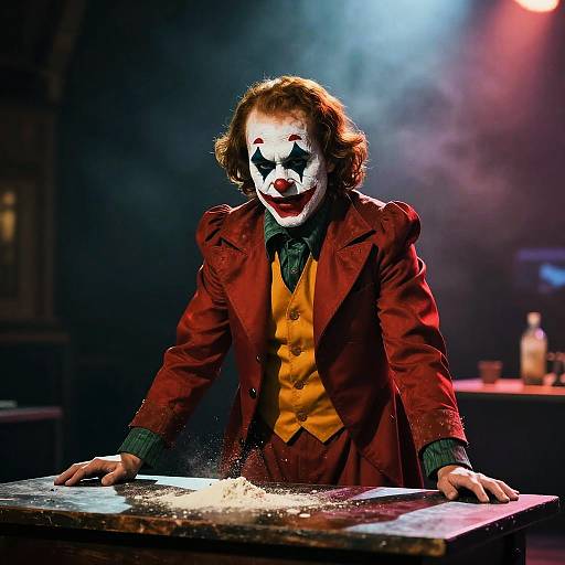 Photograph of a Joker with white face paint, red suit, yellow vest, leaning on a table, splashing sparks, under dramatic blue and red