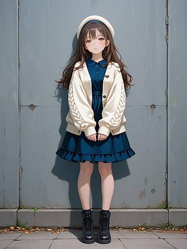 Young Woman in Navy Blue Dress and Cardigan