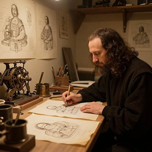 Photograph of a bearded man with long dark hair, dressed in black, sketching on paper in a dimly lit, cluttered studio with