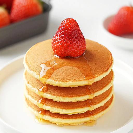 Photograph of a stack of golden-brown pancakes topped with a shiny, red strawberry, drizzled with syrup, on a white plate.