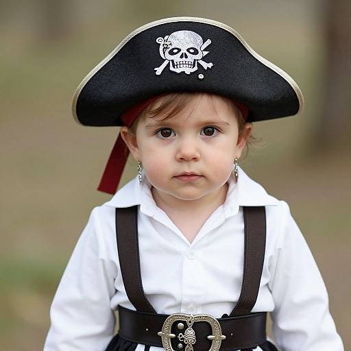 Photograph of a young child with fair skin and brown hair, wearing a black pirate hat with a skull and crossbones, white shirt, black suspend