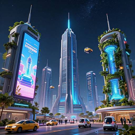 CGI image of a futuristic city at night, featuring neon-lit skyscrapers, flying cars, and crowded streets with yellow taxis.