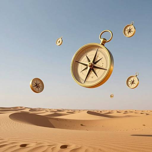 Photograph of golden compasses floating above a desert with rippled sand dunes under a clear, blue sky.