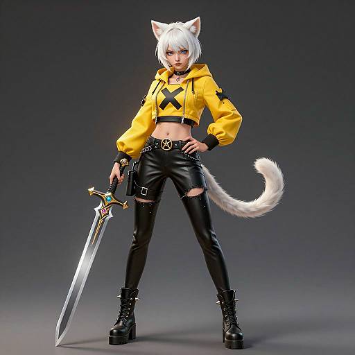 Intense White-Haired Cat-Eared Warrior