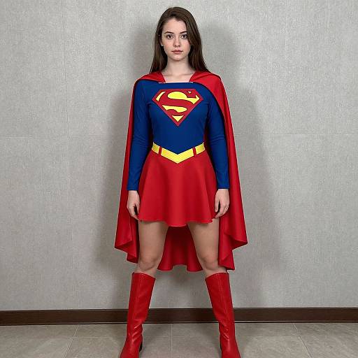 Photograph of a young woman with long dark hair, wearing a Superman costume: blue top with red and yellow emblem, red skirt, red cape,
