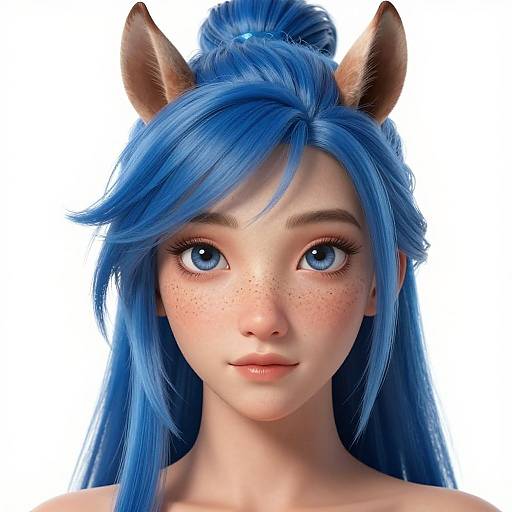 Digital anime-style portrait of a young, fair-skinned, blue-eyed girl with long blue hair, freckles, and brown animal ears, set