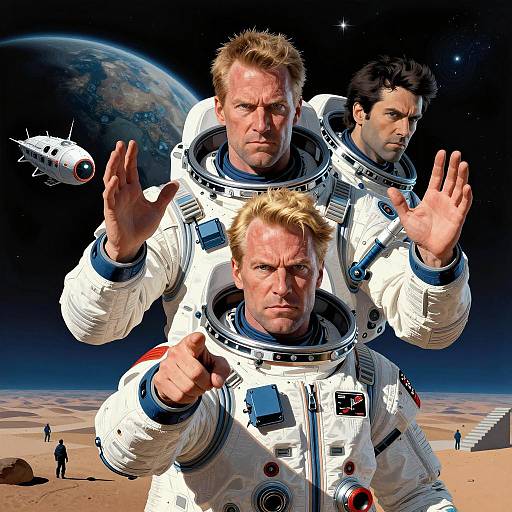 Three Astronauts on Alien Landscape
