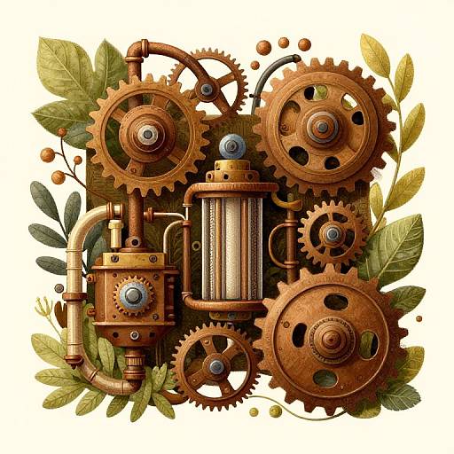 Detailed digital illustration of brass gears, cogs, and machinery surrounded by green and brown leaves, creating a steampunk-inspired design.