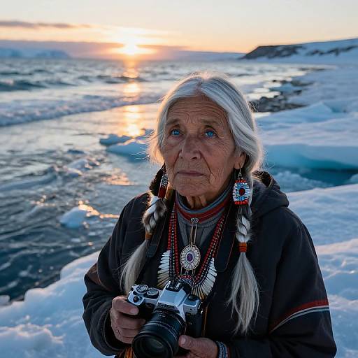Photograph of an elderly Native American woman with long white hair, traditional jewelry, and camera, standing on icy shoreline at sunset.