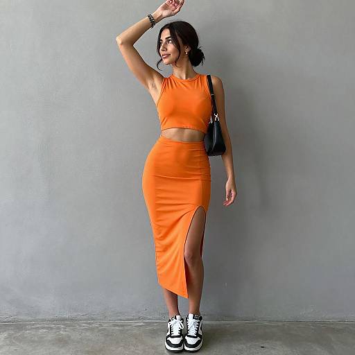 Chic Woman in Orange Dress Pose