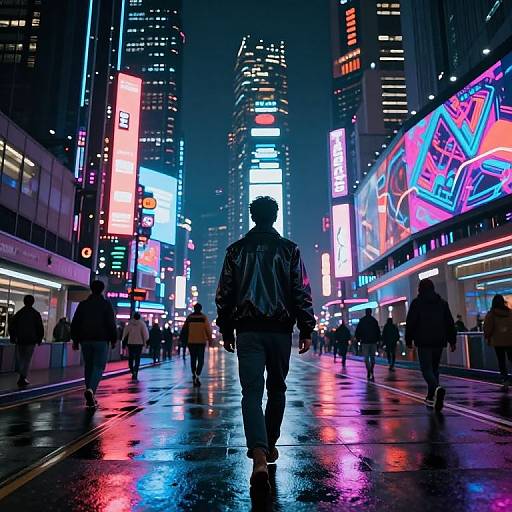 Neon-lit, rainy city street at night; silhouetted man in jacket walks center, surrounded by vibrant, colorful billboards and reflections