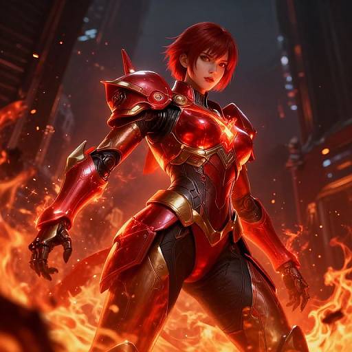 Digital artwork of a fierce, red-haired woman in glowing red and black armored suit, standing amidst intense flames in a dark, futuristic cityscape. Her
