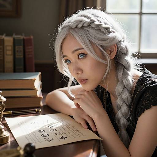 Photorealistic digital painting of a fair-skinned woman with silver braided hair, blue eyes, and black dress, studying a letter in a sun