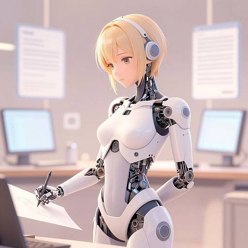 Digital anime-style artwork of a blonde, female, humanoid robot with white and black cybernetic armor, holding a paper, in a brightly lit,