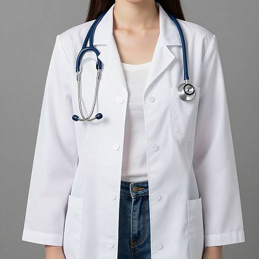 Photograph of a woman in a white lab coat, wearing a stethoscope, white shirt, and blue jeans, against a gray background.