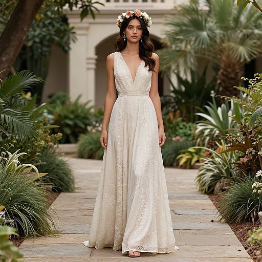 Photograph of a beautiful woman with long dark hair, wearing a white, lace-embellished, V-neck, floor-length gown and a flower