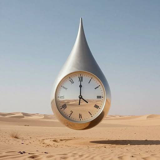Photograph of a large, metallic, teardrop-shaped clock with Roman numerals, standing in a bright, sandy desert under a clear blue sky