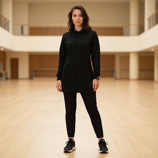 Photograph of a young woman with wavy brown hair, wearing a black hoodie, black pants, and black sneakers, standing confidently in a brightly lit