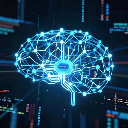 Digital CGI image of a glowing blue neural network brain against a dark, tech-filled background with colorful data lines.