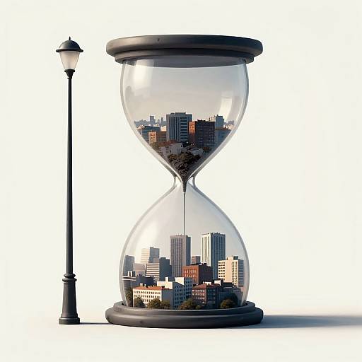 Photograph of a glass hourglass with a miniature city skyline inside, next to a black street lamp, set against a white background.