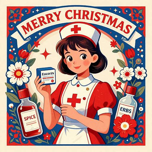 Digital illustration of a smiling Asian nurse with short black hair, wearing a red and white uniform, holding a prescription and medicine bottles, with 