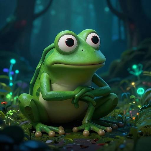 Digital CGI image of a cute, green cartoon frog with large, expressive eyes, sitting in a colorful, glowing forest.