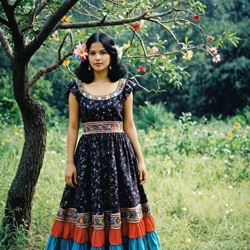 Woman in Ethnic Multicolored Dress with Flowers