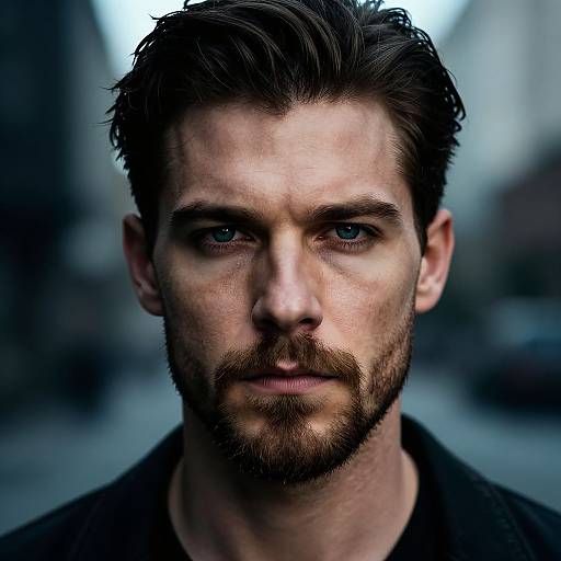 Photorealistic portrait of a handsome, serious-faced Caucasian man with blue eyes, short brown hair, and beard, wearing a dark jacket, blurred urban