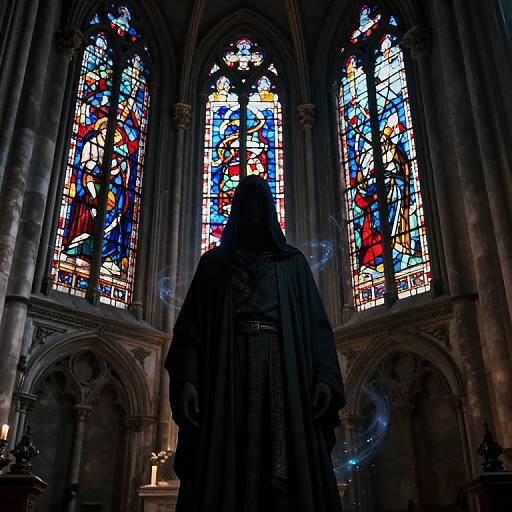 Photograph of a hooded figure in dark robes standing before vibrant, multi-colored stained glass windows in a dimly lit, Gothic-style cathedral.