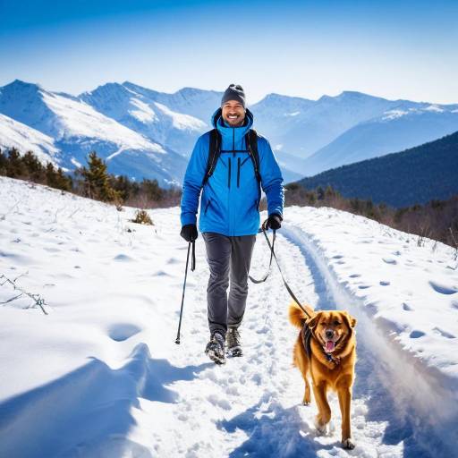 Cheerful Man and Dog in Snowy Landscape