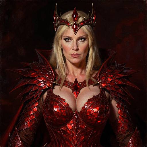 Photograph of a blonde, blue-eyed woman in dark red, armor-like, scale-patterned breastplate and shoulder armor, crowned with a matching red