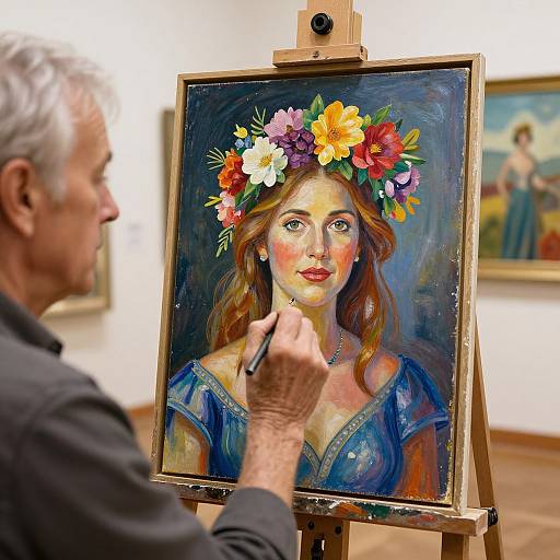 Photograph of an elderly white male artist with gray hair painting a vibrant portrait of a young woman with a colorful flower crown on an easel in a