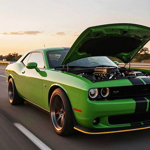 Photograph of a green Ford Mustang with its hood open, showing a sleek engine, driving on a highway at sunset.