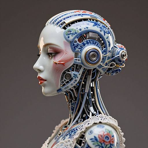Photorealistic CGI of a cybernetic woman with white porcelain-like skin, intricate mechanical headgear, and floral patterns on her neck and shoulders,