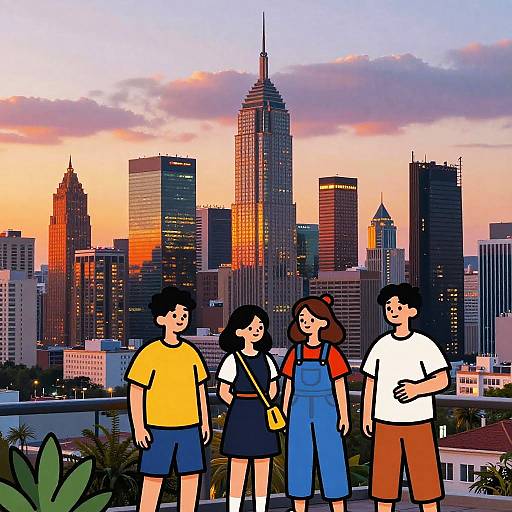 Digital illustration of four Asian teenagers standing in front of a sunset-lit, modern city skyline with tall skyscrapers. They wear casual clothes, including
