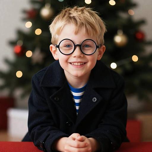Joyful Boy with Glasses and Christmas Lights