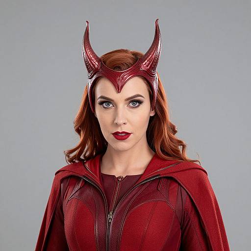 Photograph of a fair-skinned woman with red hair and blue eyes, wearing a red, horned helmet and matching cape with a zip-up top