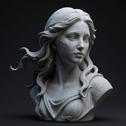 Photorealistic digital sculpture of a serene, white marble bust of a woman with flowing hair and cracked texture, against a dark background.