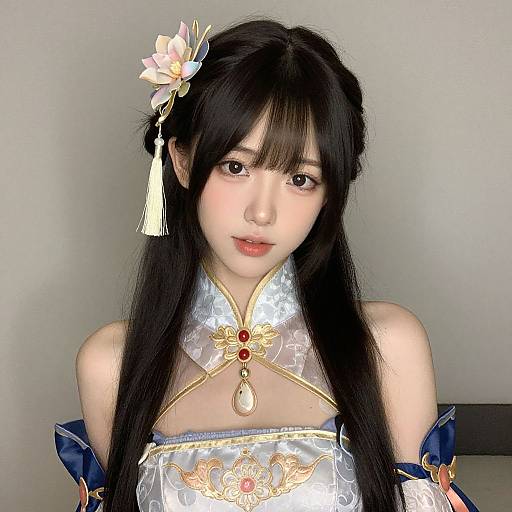 Photograph of an East Asian woman with long black hair, wearing a silver and blue Chinese-inspired dress, adorned with a floral hairpiece and tassel