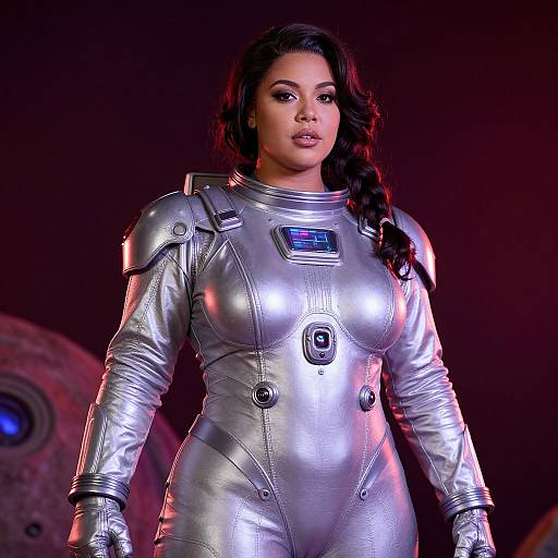 Photograph of a curvy woman with long black hair in a silver, reflective astronaut suit, standing confidently against a dark, futuristic background.