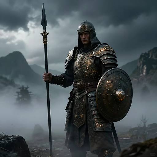 Ancient Warrior on Misty Battlefield