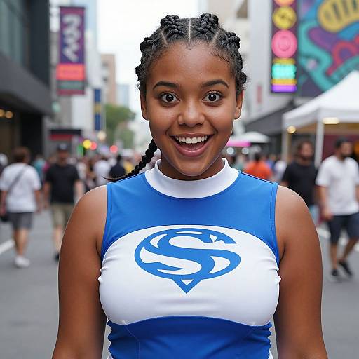 Photograph of a smiling African-American woman with braided hair, wearing a blue and white sleeveless cheerleader top with a bold 