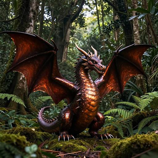 Photograph of a vividly colored, metallic-red dragon with large wings, standing in a dense, lush forest, surrounded by green ferns and moss